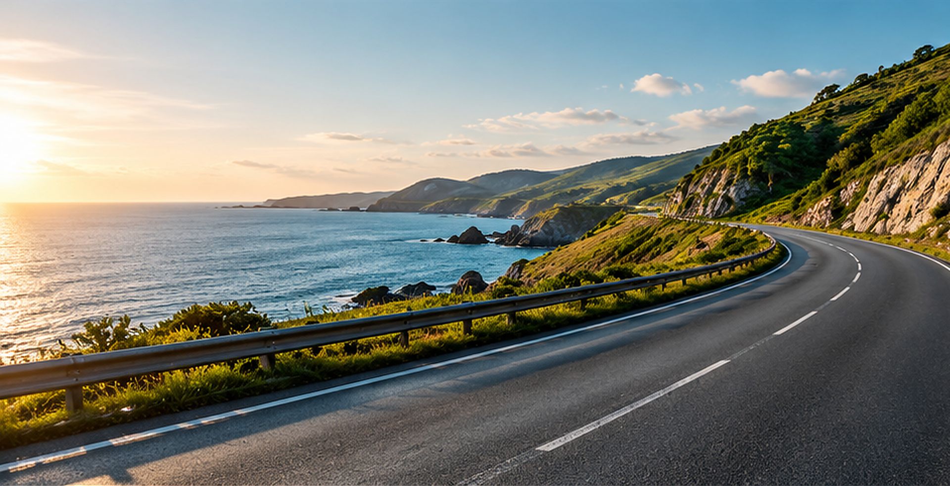 A winding coastal road at sunset